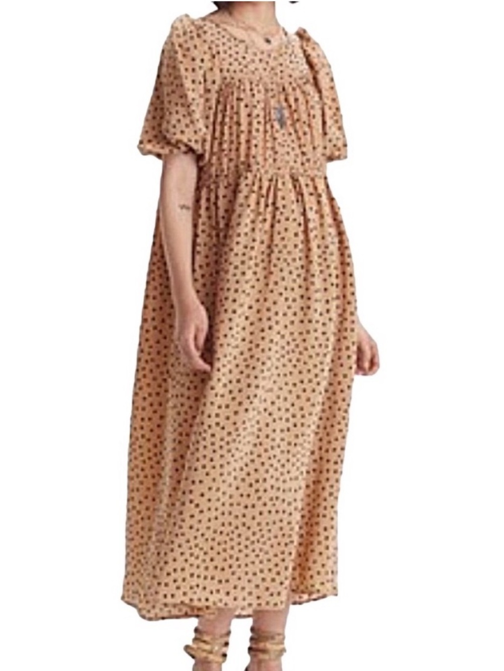 Natalie Martin 100% Silk Haley Tan Black Polka Dot Midi Dress Large